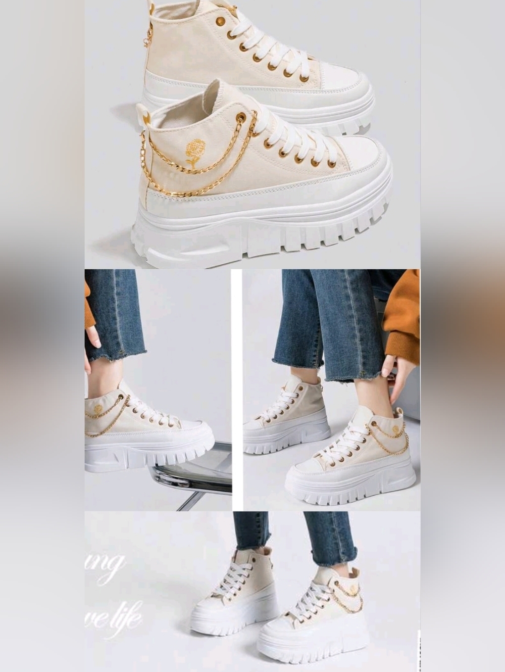 **PLATFORM HIGHT-TOP SNEAKERS IN CREAM WITH GOLD CHAIN ACCENT**💲💲💲💲💲💲 - Picture 2 of 9